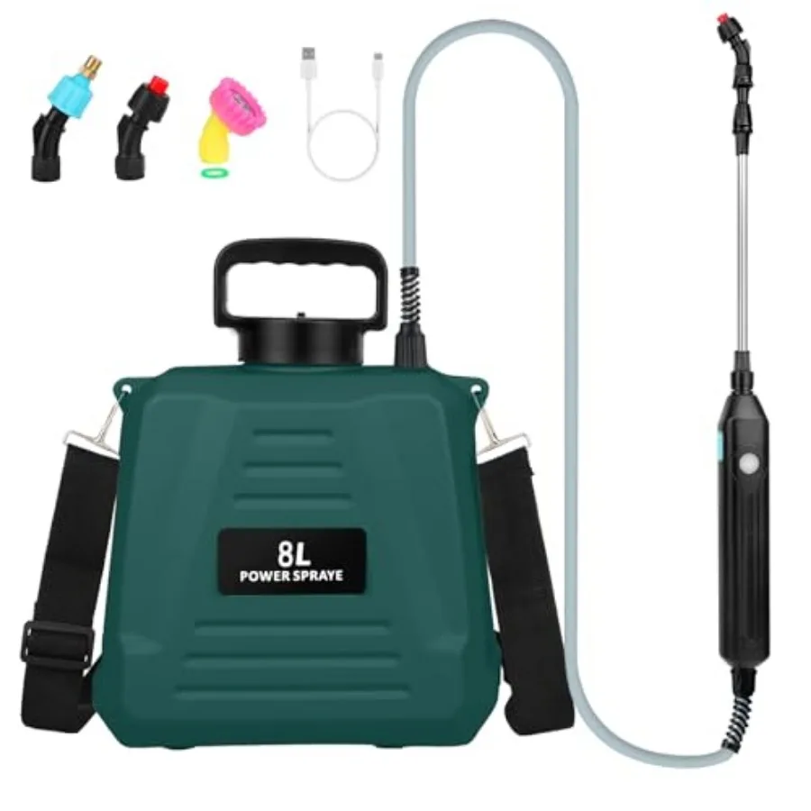 

Battery Powered Sprayer 2 Gallon - Upgraded Anti-Bend Hose Electric Garden Sprayer, Rechargeable Pump Sprayer with 3 Mist Nozzl