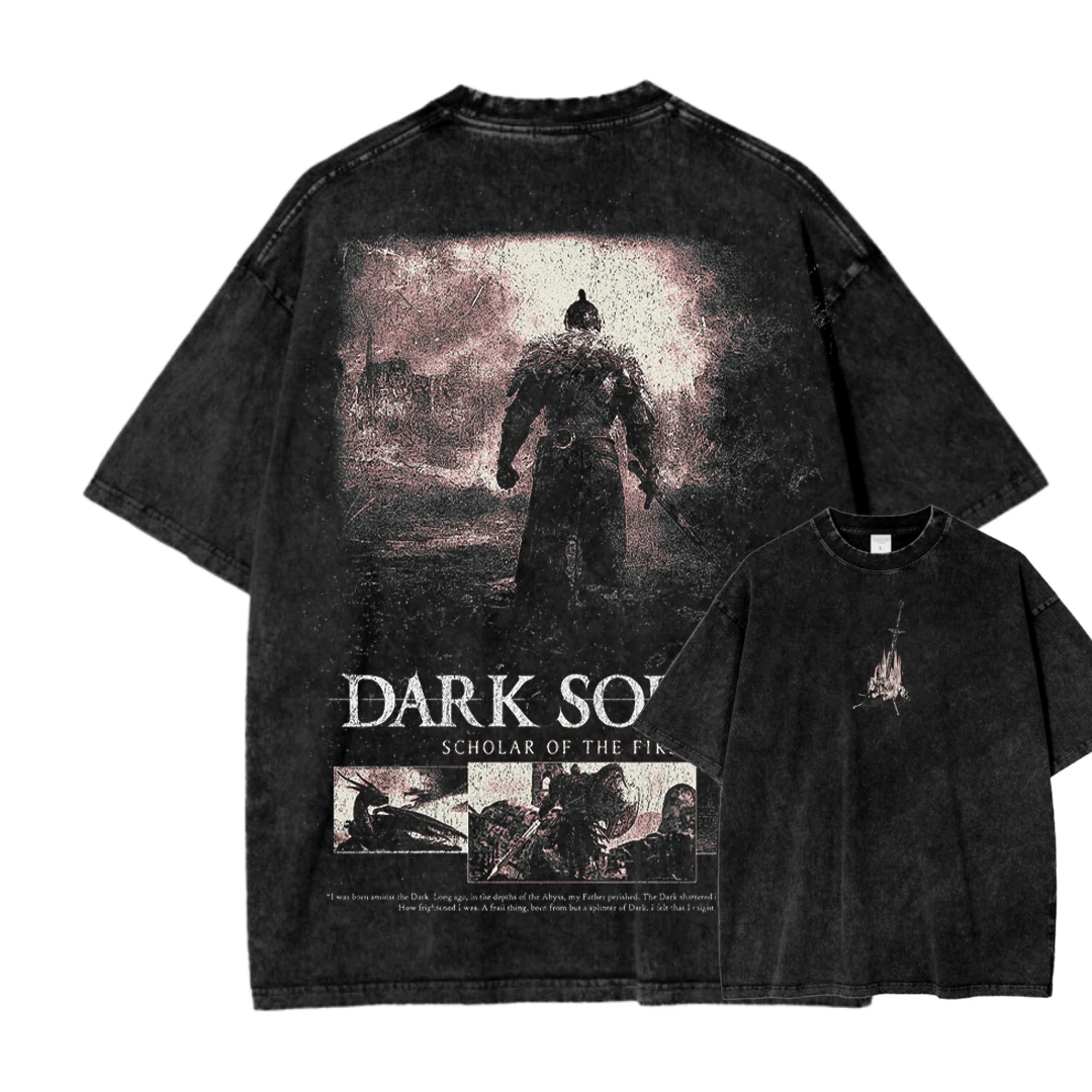 Dark Souls Action Role-playing Game Print T-shirt Men Women Retro Washed O-neck Cotton Streetwear Peripherals Summer New Tee view 2