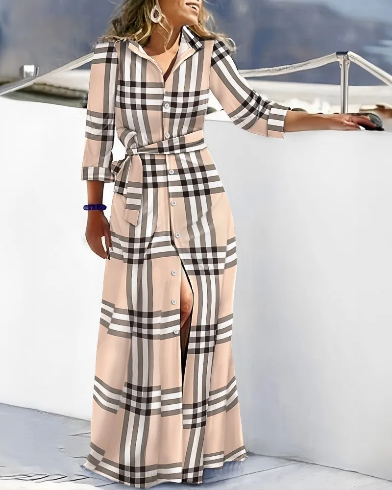 Women Shirt Collar Striped Print Maxi Dress 3/4 Sleeve Button Front Self Tie Waist Split Hem Vacation Dress
