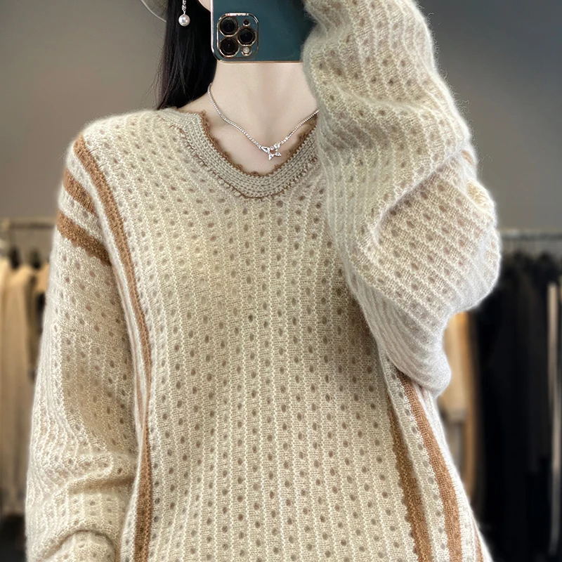 Autumn and winter new V-neck 100 pure cashmere sweater women loose thin hollow sweater knitted wool soft waxy base top