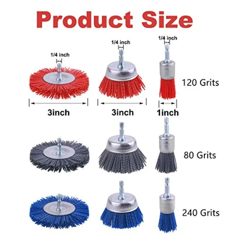 9 Pack Nylon Filament Abrasive Wire Brush Wheel and Cup Brush Set with 1/4 Inch Hex Shank, for Removal of Rust/Corrosion/Paint