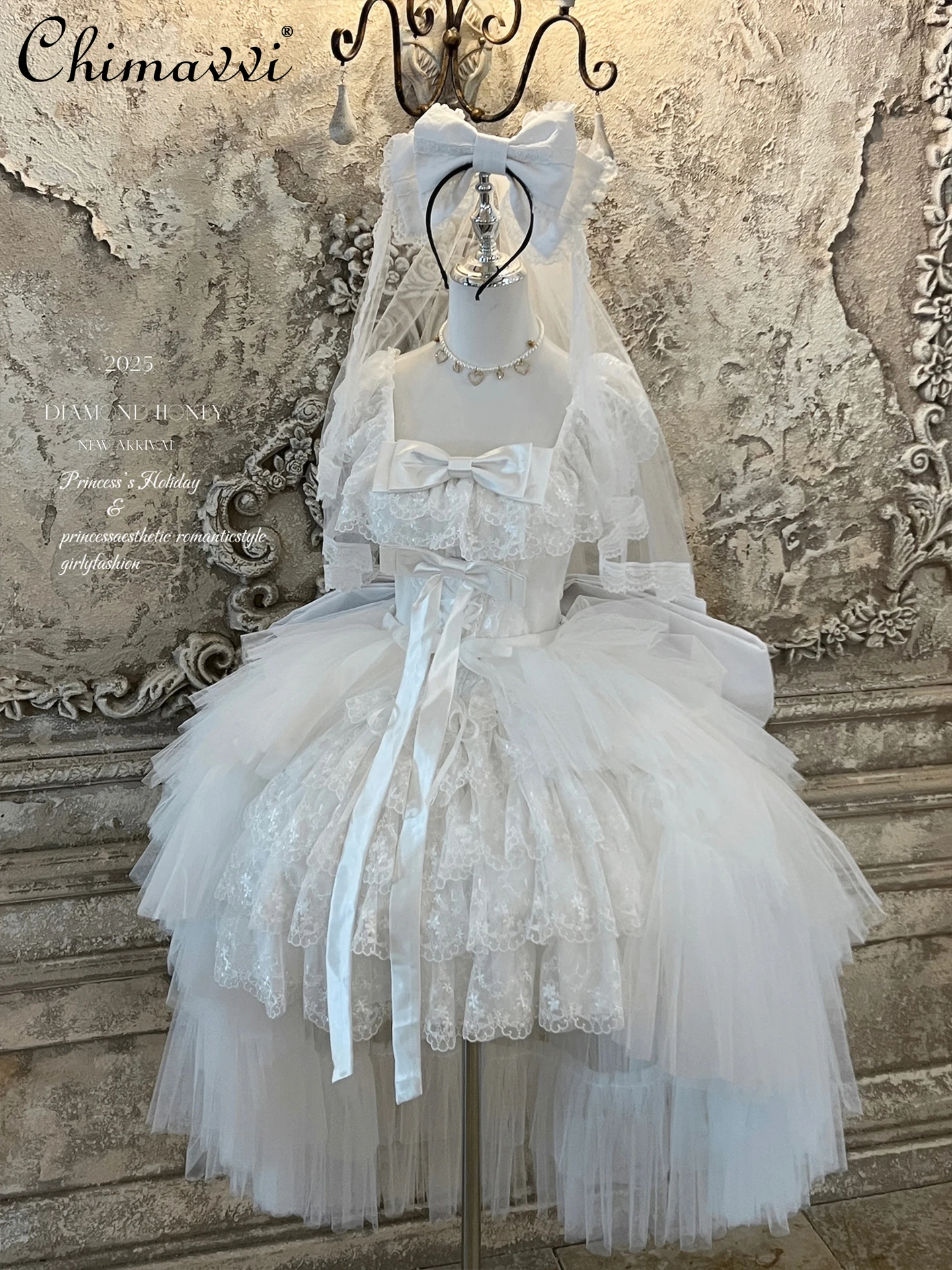 

Original Super Fairy Princess Light Wedding JSK Dress Heavy Lace Sweet Girl Cute Bow Elegant Birthday Party Lolita Dress Women