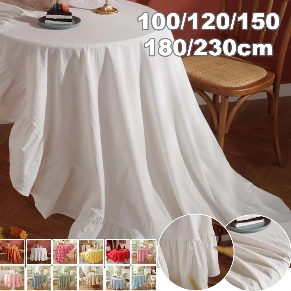 Solid Color Round Tablecloth Washed Cotton Ruffled Edge Table Cover for Dining Coffee Table Kitchen Wedding Party 100/180/230cm