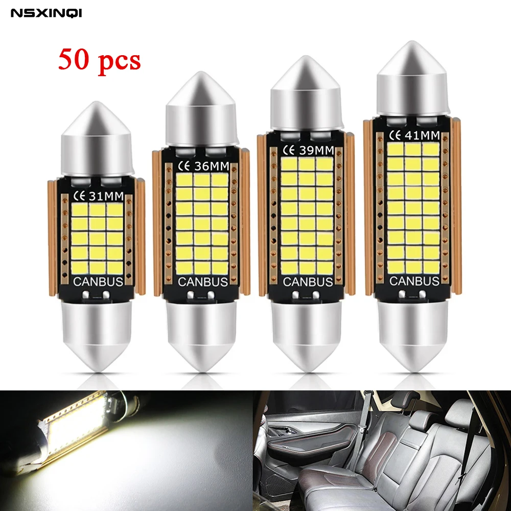 

NSXINQI 50PCS Festoon 31mm 36mm 39mm 41mm LED Car Interior Light C5W 2016 LED Auto Map Roof Reading Lamp Bulbs Canbus 12V