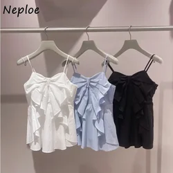 Neploe New Spring Sweet Square Collar Shirt Sleeveless Off Shoulder Ruffles Bow Sling Tops Japan Moda All-match Casual Blusas