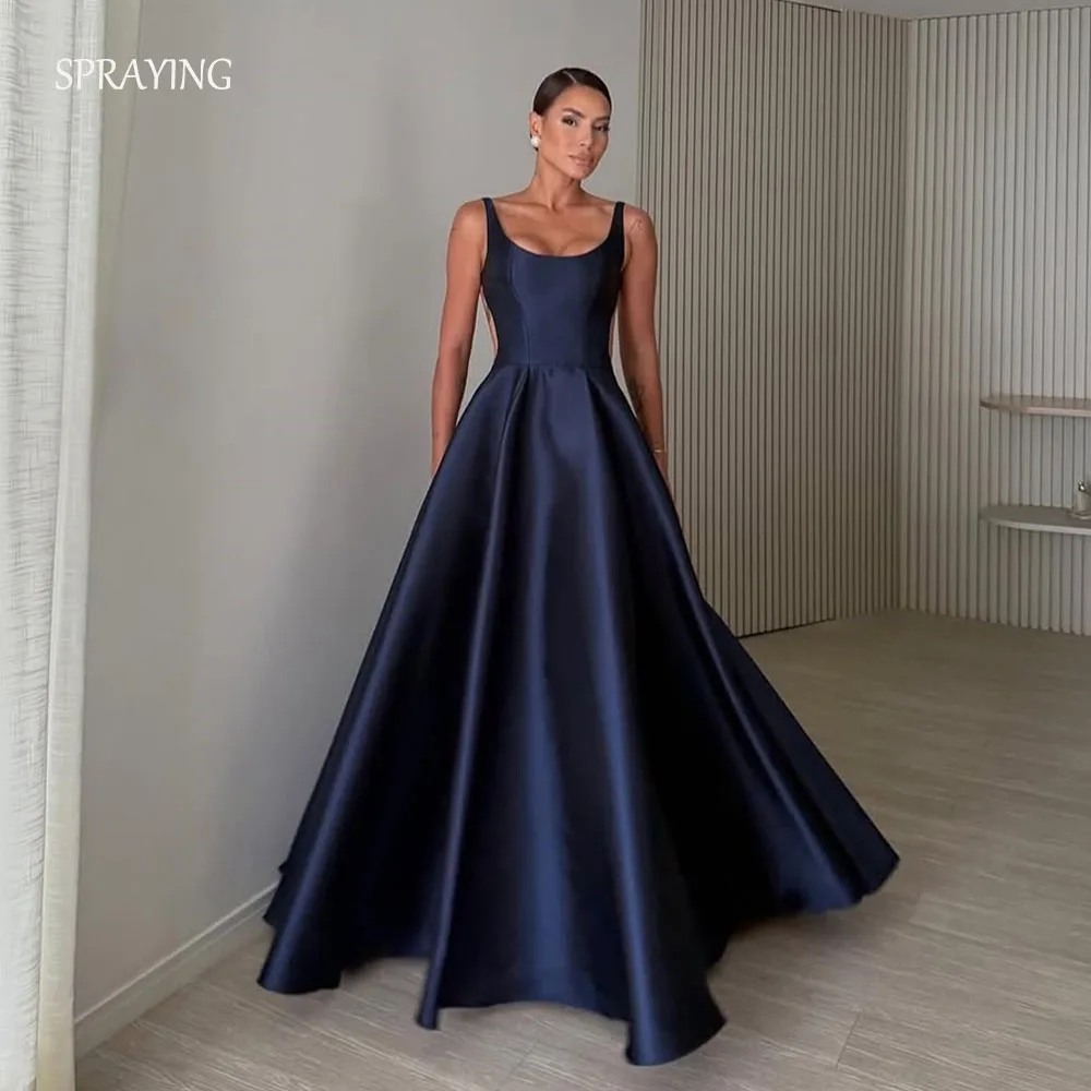 

SPRAYING Navy Blue Satin Evening Dress Sexy O Neck Strap Formal Party Dress For Women Arab Dubai A line Floor Length Customized