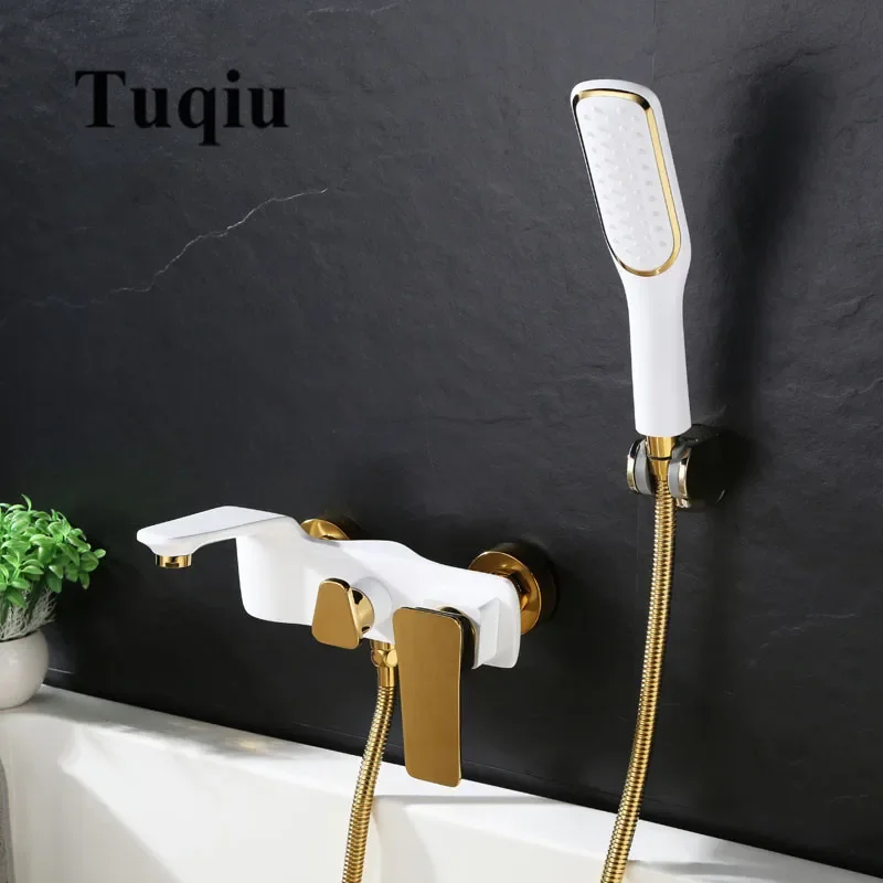 

Bathtub Shower Set Wall Mounted Gold and White Faucet, Bathroom Cold and Hot Bath and Mixer Taps Brass