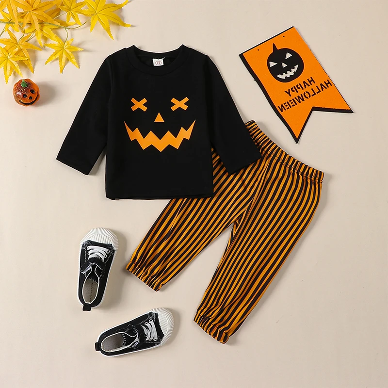 

Adorable Infant Halloween Costume Set with Ghost Print Long Sleeve Top and Striped Pants for Newborn Baby Boys and Girls