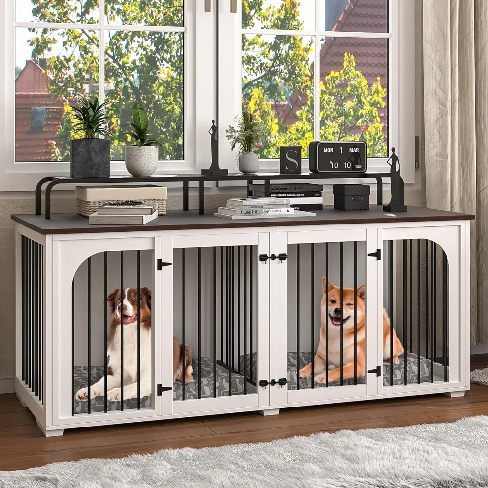 

74.8" XXL Double Dog Kennel Furniture for Large Breed,Heavy Duty Wooden Dog Crate Cage Furniture Style with Storage Rack Shelf a