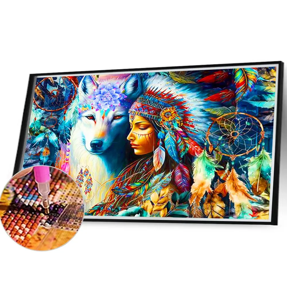 Indian And Wolf Diamond Painting Landscape Mosaic Embroidery Diamond Puzzle DIY Rhinestone Children\'s Room Decoration Gift