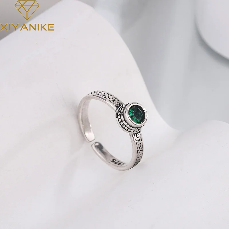 XIYANIKE Vintage Thai Silver Green Zircon Open Cuff Finger Rings for Women Girl New Fashion Jewelry Gift Party кольцо женское