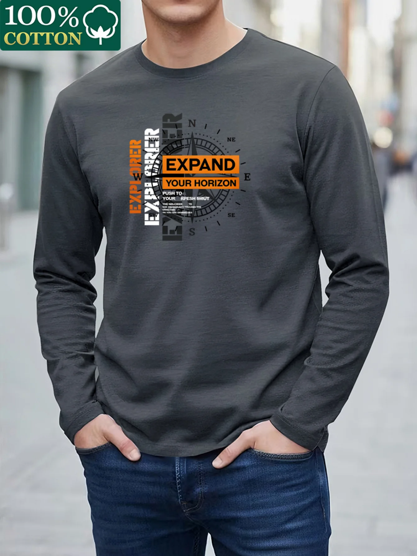 Image 3: T-shirt à manches longues pour hommes, 100% pur coton, col rond, motif d'explorateur, imprimé, décontracté, polyvalent