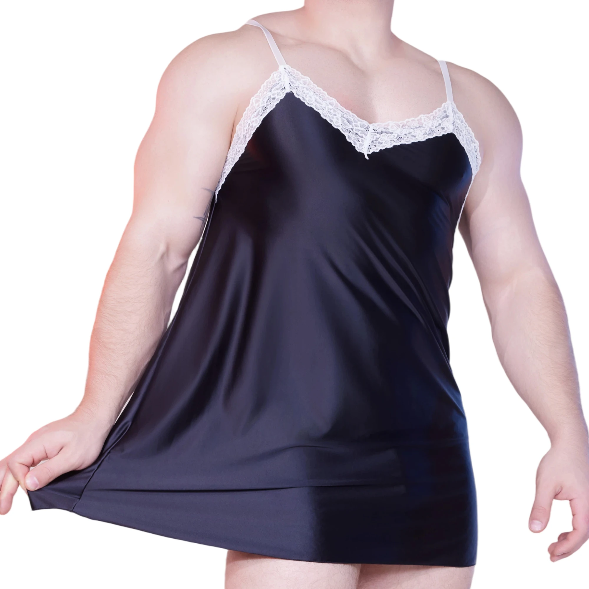 

Adults Mens Sexy Nightgown Oil Shiny V-neck Spaghetti Strap Exotic Babydolls Fetish Gay Cosplay Novelty Dress Sissy Lingerie