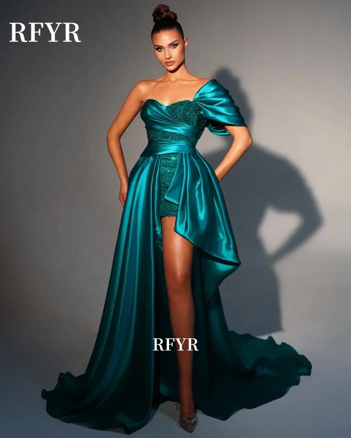 

RFYR High Low Evening Dress One Shoulder Prom Dress High Slit Prom Dress Gala Dress Princess Dress for Arabic Women Customized