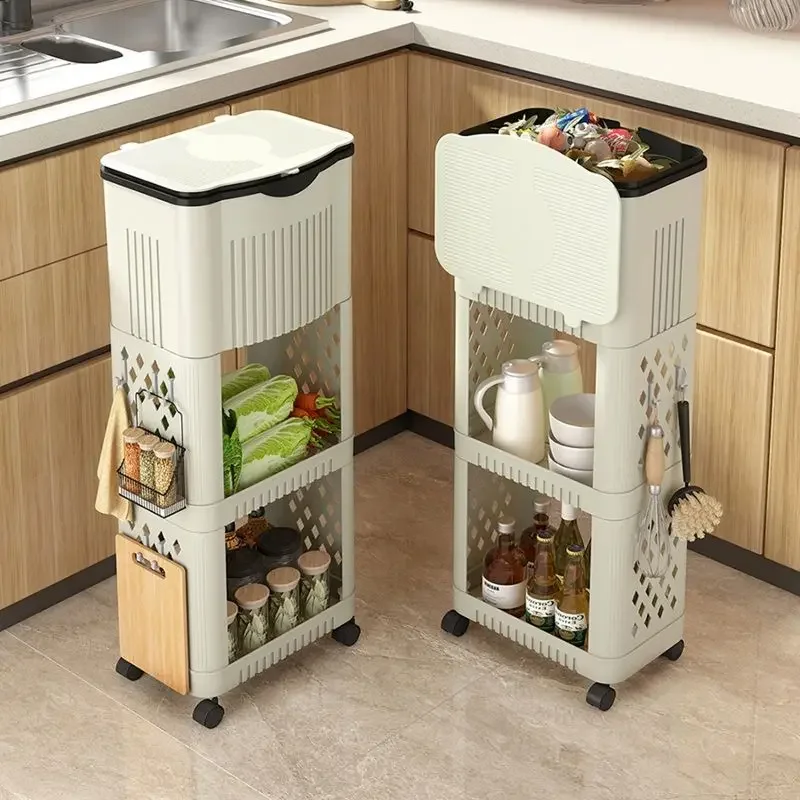 

Кухонный мусорный бак, большая вместимость, бытовое мобильное хранилище, многофункциональная многослойная полка, изгиб