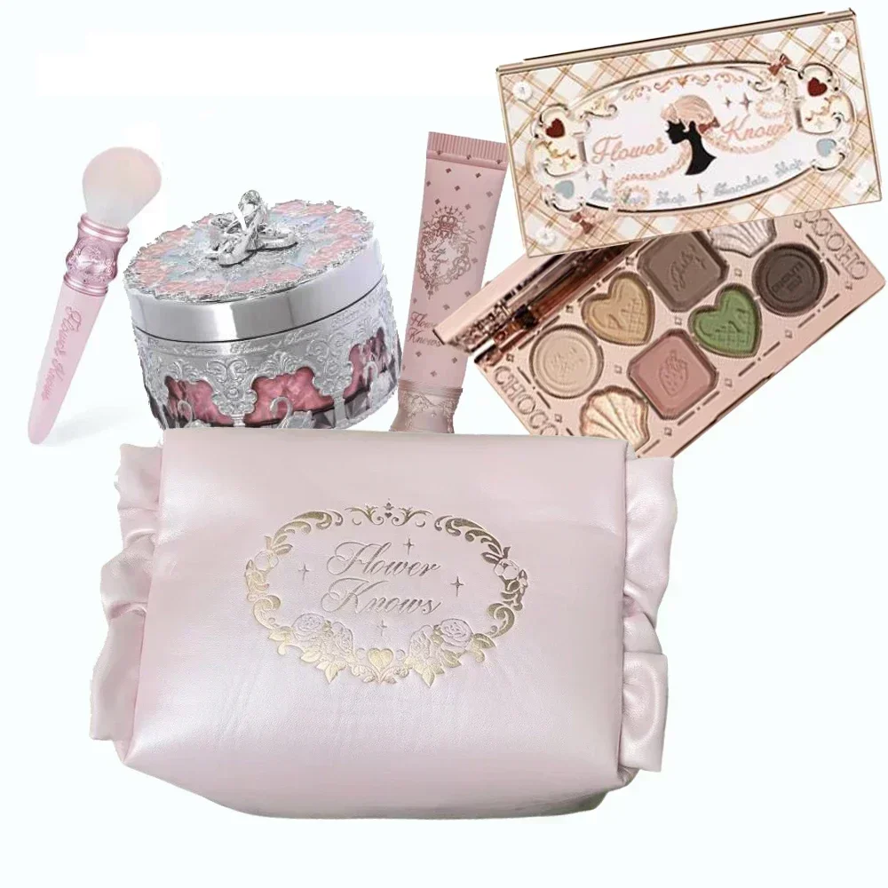 Flower Knows All In One Make-up-Set, Geschenkbox, glitzernde Lidschatten-Palette, mattes Rouge, langanhaltende Samt-Lippencreme mit Tasche