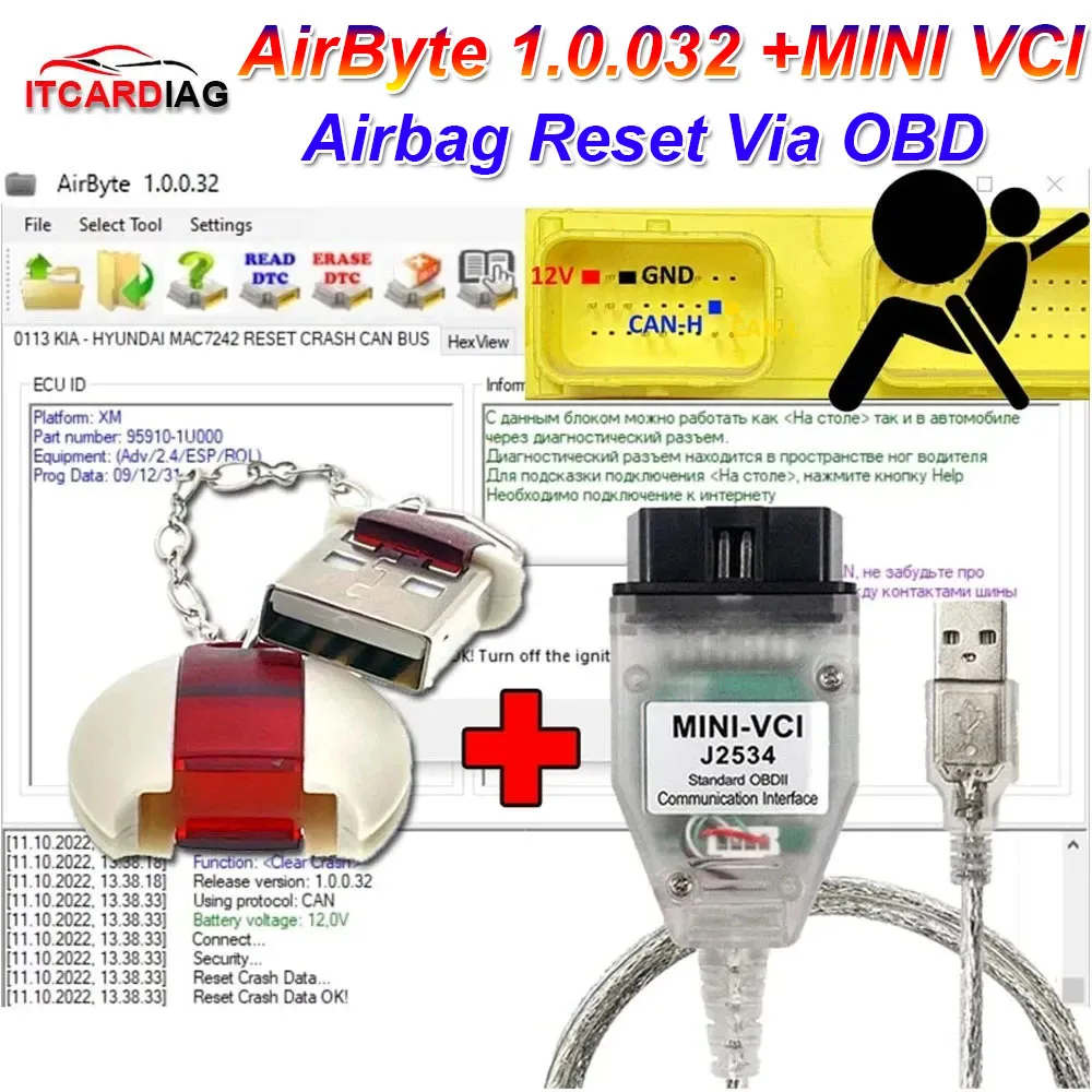 AirByte 1.0.0.32 Software ECU Programmer With Mini VCI AirByte J2534 FULL Airbag Reset Tool for Can Bus Kline K-LINE CRASH Clear