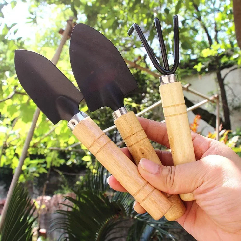 3 mini garden tools, a small potted plant shovel, and tools for loosening soil in flowerpots and growing flowers and vegetables