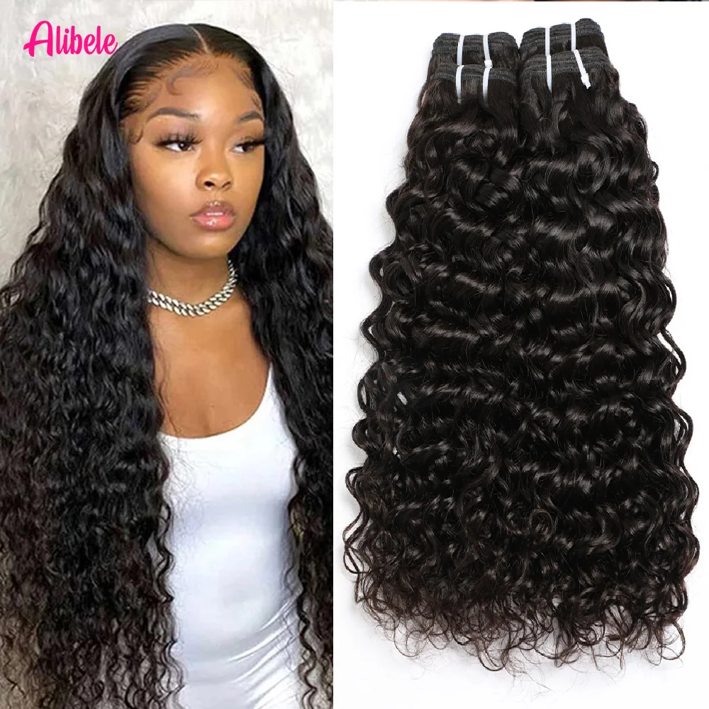 

Пучки человеческих волос Alibele Water Wave с двойным утком, натуральный черный 1/3/4 шт., 12-32 дюйма, плетение пучков, 15A, наращивание натуральных волос