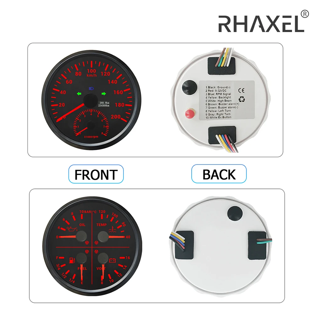 RHAXEL 110mm Car Speedometer 120 KM/H MPH 200KM/H 160MPH GPS with Tachometer Fuel Level Water Temp. Oil Press 0-10Bar Volt 12V