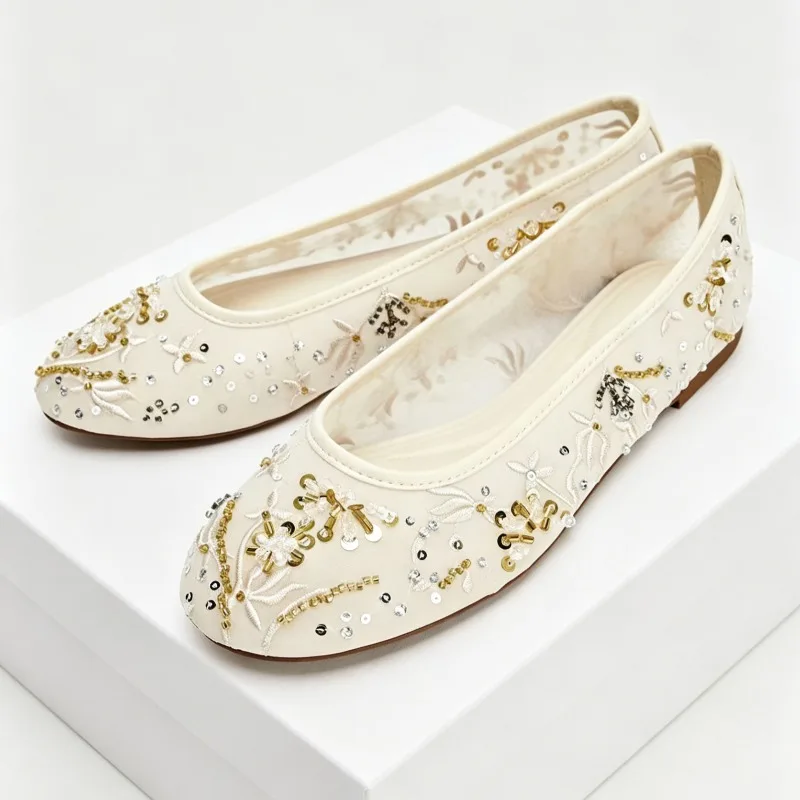 

Embroidered Mesh Ballet Flats Women String Bead Details Breathable Mary Jane Shoes Round Toe Designer Shoes Sapato Feminino
