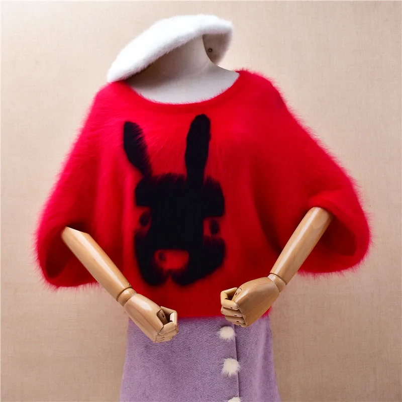 

Женский осенне-зимний модный рождественский красный милый волосатый ангорский кролик из волос вязаный свободный свитер с короткими рукавами и круглым вырезом