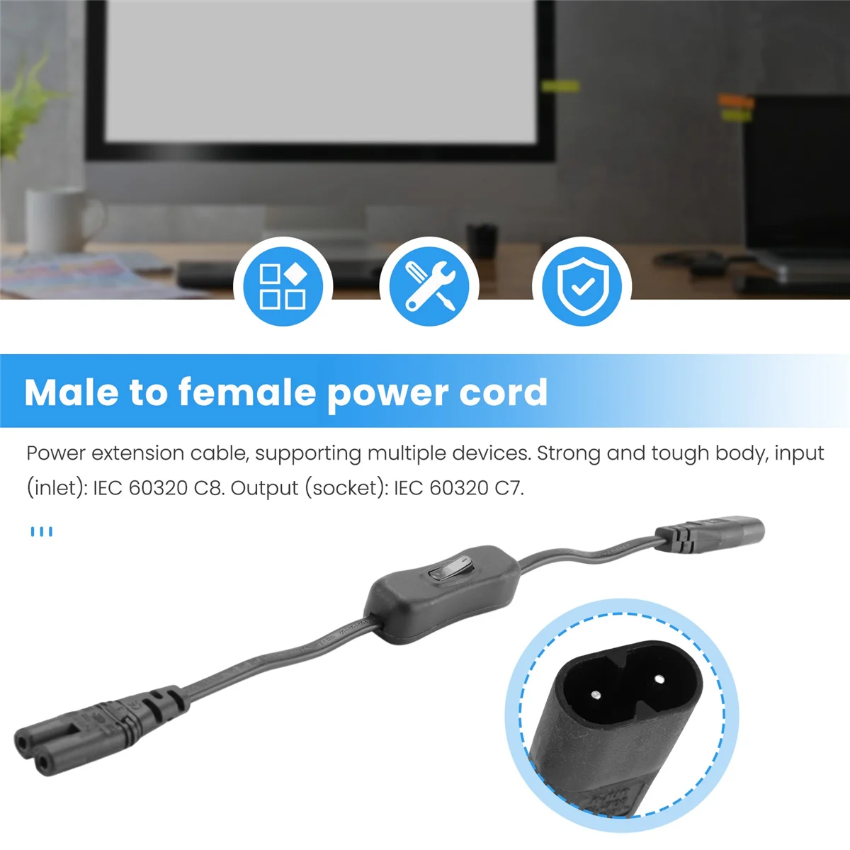 Power Extension Cord, Iec320 C7 to C8 Power Adapter Extension Cord with Switch Control with "8" Interface