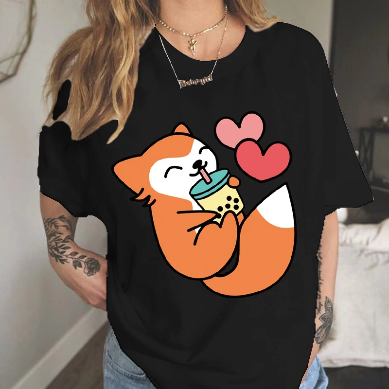 

Women Tshirt 2022 Fashion Cartoon Fox Casual Cute Printed Clothes Print Tshirt Female Tops Graphic Kawaii T-shirt Lady Clothing