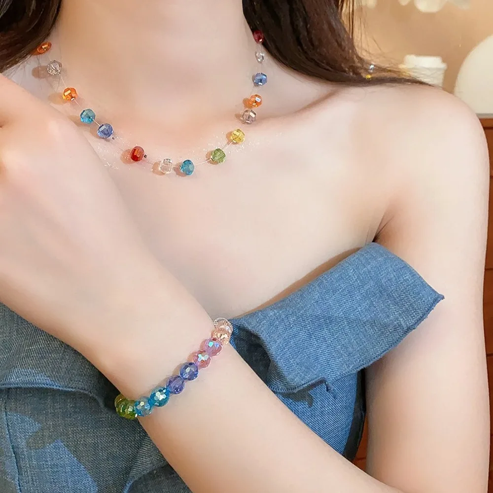 

Fresh Rainbow Bead Necklace Choker Hand Rope Colorful Necklace Bracelet Collarbone Chain Beach Necklace Vacation