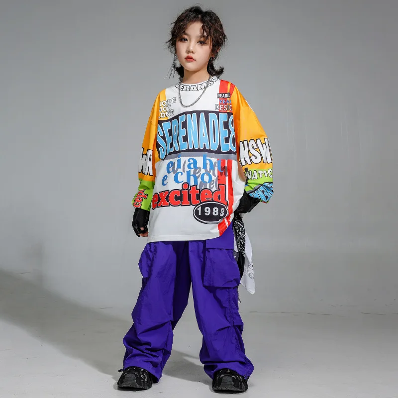 

Kid Hip Hop Clothing White Yellow Print Sweatshirt Top Purple Casual Pleated Cargo Pants for Girl Boy Jazz Dance Costume Clothes