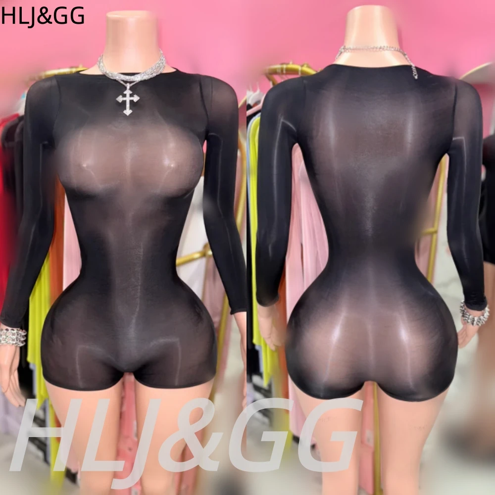 

HLJ&GG Sexy Mesh See Through Stretchy Bodycon One Piece Rompers Women O Neck Long Sleeve Nightclub Party Jumpsuits Hot Playsuits