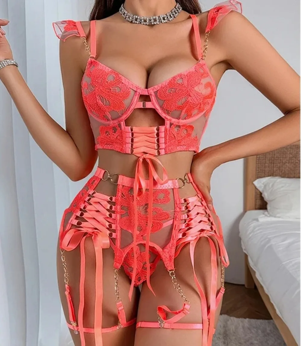 

4-Piece Embroidered See-Through Ultra-Thin Bra Hollow Body Shaping Sexy Set For Women Mesh Patchwork Underwear Suit