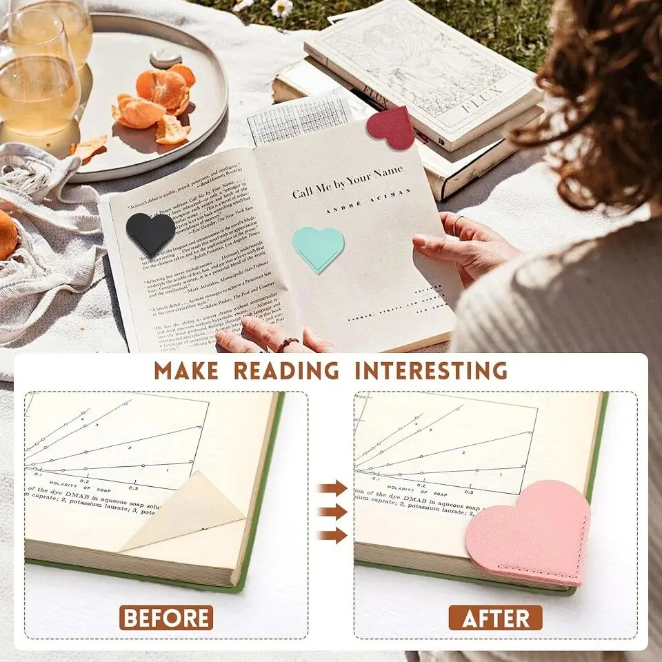 6 قطع من الإشارات المرجعية الجلدية على شكل قلب، علامات كتابية لطيفة لصفحة الزاوية للمعلمين والطلاب ومحبي قراءة الكتب، للوازم المكتبية المدرسية #2