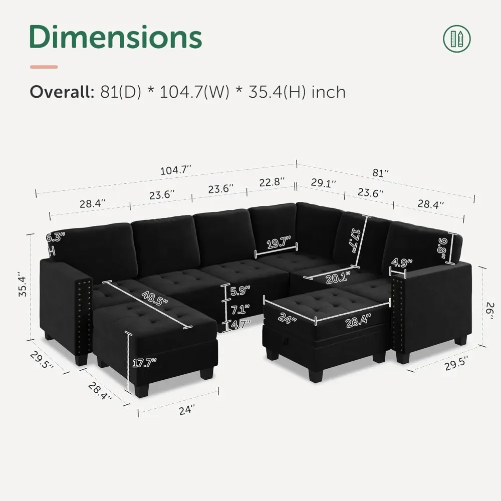 Velvet Modular Sectional Sofa, L Shaped Sofa Couch with Storage Top Tray Ottoman U Shape Sectional Couch for Living Room sofas