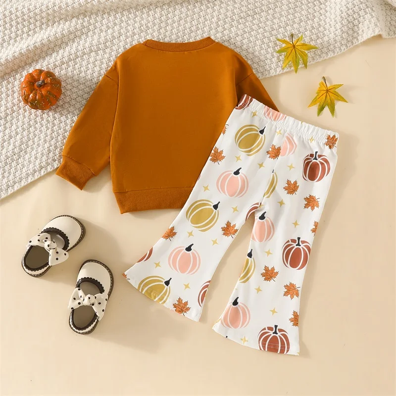 Conjunto de 2 piezas para niña con estampado floral y top de manga con volantes y leggings para la temporada de otoño