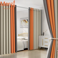 Customized American Gray Orange Spliced Blackout Modern Simple Solid Color Curtains for Living Dining room Bedroom