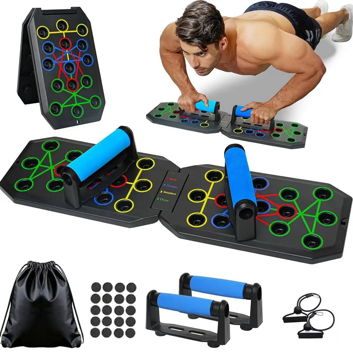 Multifunctional 28-Hole Push Up Board System Portable Home Gym Exercise Equipment for Chest Arms Core Training Includes Resistance Bands Upper Body Muscle Building Workout Fitness Tools for Men Women