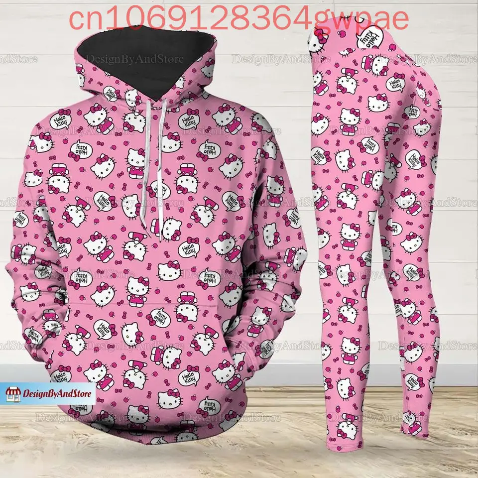 Hello Kitty Damen 3D-Druck Hoodie Legging Set Casual Y2k Damen süße Yoga Hose Sweatshirt Mode Sportanzug