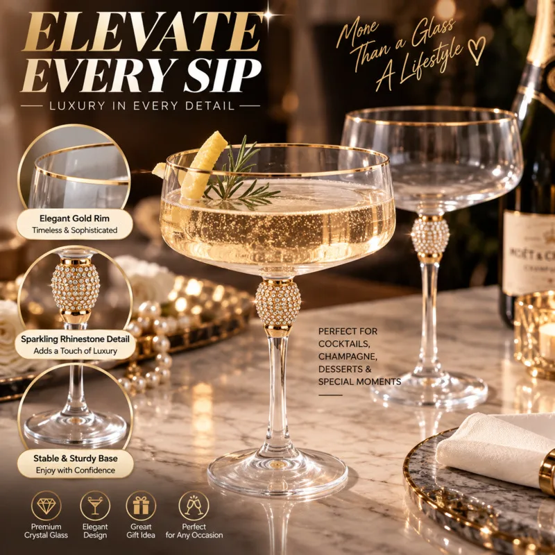 Elegant Crystal Champagne Flute Rhinestone Gold Rim, Long Stem Wine Goblet, Cocktail Glass Wedding Home Bar Decoration Gift Set