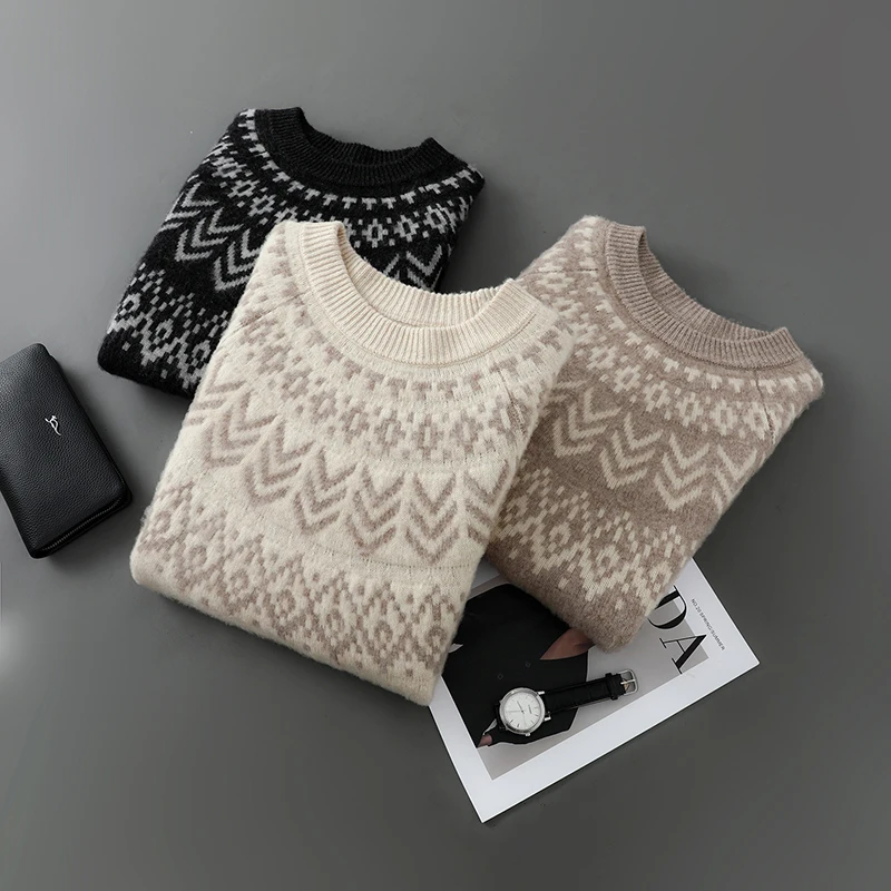 New 2025 Autumn/Winter Retro Jacquard Men's Round Neck 100% Wool Sweater Casual Color blocked Knitted Men's Full Sleeve pullover