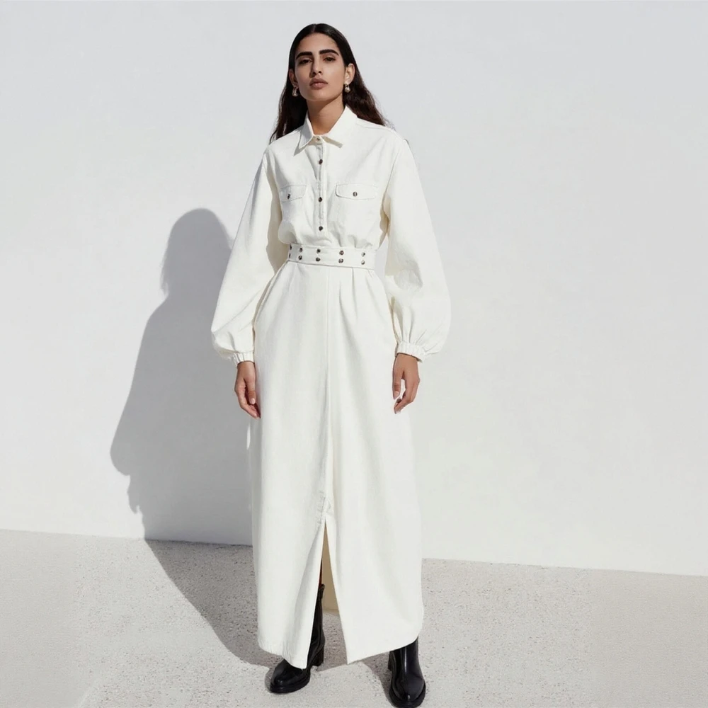 Women's Elegant Long Sleeve Shirt Collar Dress Basic Solid Color Fitted Waist Office Lady Dress