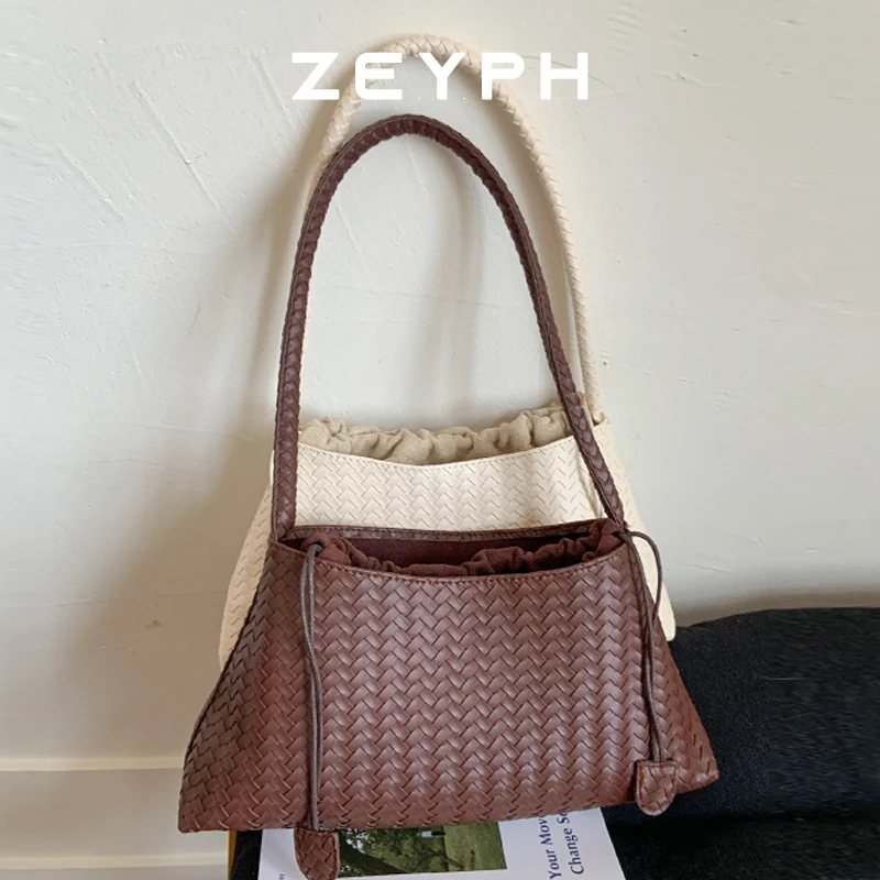 

Zeyph Commuter Bag Woven Bag Drawstring Design Women s Four Season Shoulder Bag Trapezoidal Bag