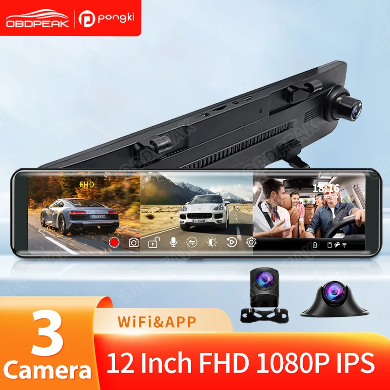 12 Inch FHD 1080P 3 Camera Dash Cam Car Avto Dvr Mirror Recorder 3 In 1 Video Recorder  Black Box 24 Hours Parking Monitoring WI