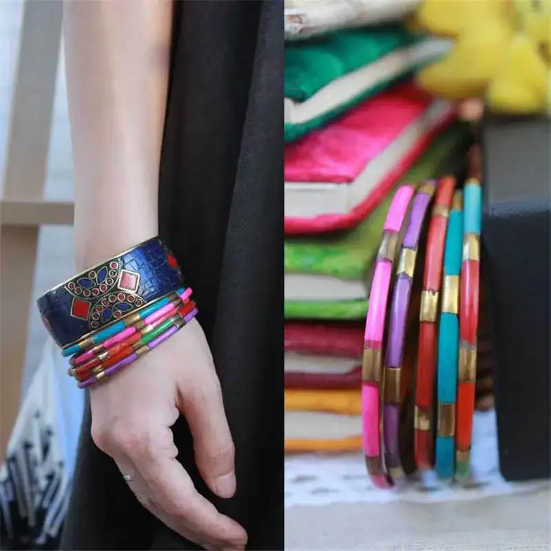 2024 Fashion BOHO Metal Brass Sets Bangle Inlaid Colorful Bone Resin Cuff Multi Desings BB-015