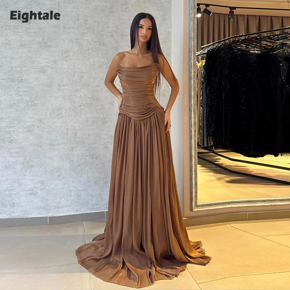 

Eightale Arabic Evening Dress Scoop Pleats Crepe Customized Floor Length Muslim Brown A-Line Prom Wedding Party Gown