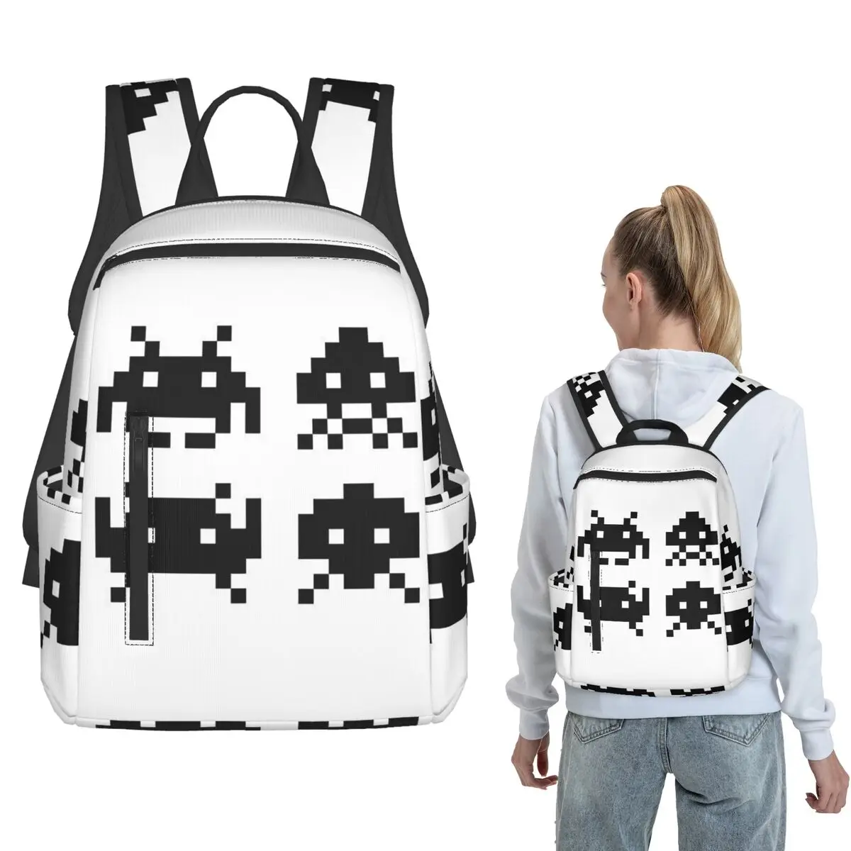 Retro Game Space Invaders Black Backpack Large Capacity Boys Girls BookBag School Bag Shoulder Bags for Men Women