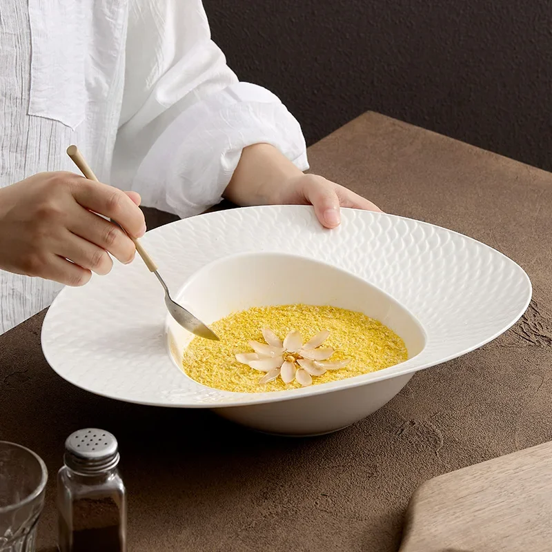 White ceramic soup bowl large fruit salad bowl Hotel special-shaped western tableware creative plate straw hat plate