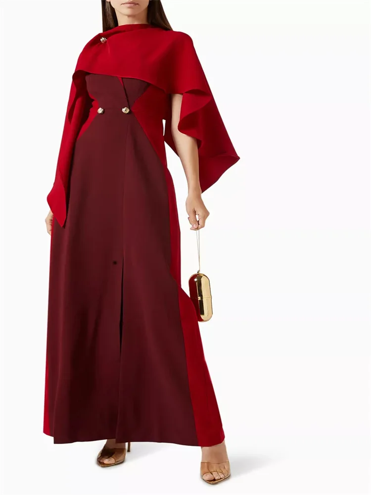 ที่กําหนดเอง V คอแขนกุดที่ถอดออกได้ Cape ซาติน Sheath ชุดราตรีเซ็กซี่กลับซิปความยาวด้านข้างชุดสําหรับสตรี