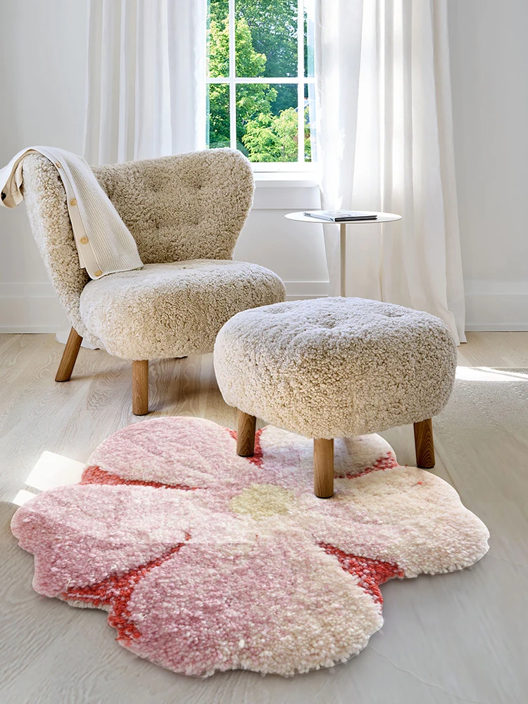 Pink Flower Round Carpet Handmade Girl Room Bedside Mat Soft Thick Decor Mat Area Rug Sofa Living Room Small Foot Pad Wall Decor