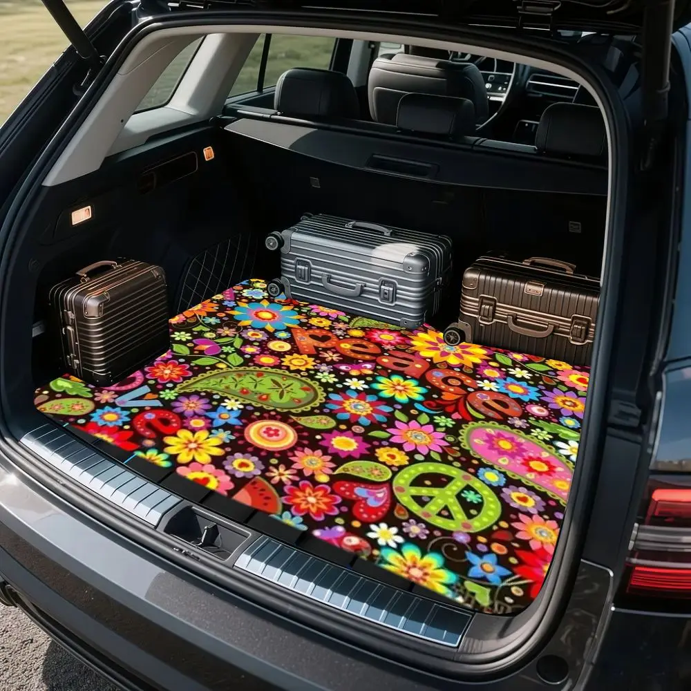 1pc Vintage Hippie Style Trunk Mat For - Featuring A Vibrant Floral And Peace Symbol Design, Made From Soft And Plush Material F